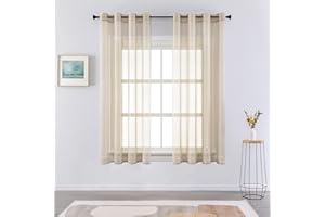 CUTEWIND 2 Unidades Cortinas Salon Visillos Translucidas de Dormitorio Matrimonio con Ojales Cortina Corta Decorativa para Ventana Comedor Cocina Habitacion Sala Cuarto 140 x 160 cm Beige