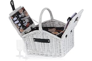 ‎CAMPFEUER CampFeuer Picknickkorb 2 Personen mit Geschirr-Set und Kühlfach | 12-teilig | Weiß | Picknickkoffer, Weidenkorb mit Kunstlederriemen | Picknicktasche, Picknick Set, Picknickzubehör, Komplettset