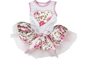 Petitebelle Pink Rose Heart Puppy Dog Dress (White/Pink Rosettes, Large)
