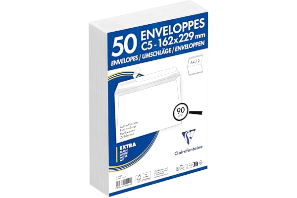 Clairefontaine 2542C - Paquet de 50 Enveloppes Blanches C5-162x229mm - Auto-Adhésives - 90g/m²