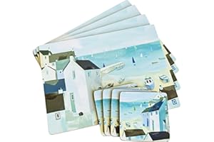 PRODBUY HOME Set of Cork Backed Place Setting Placemats and Drinks Coasters - Coastal Harbour illustration design (8)