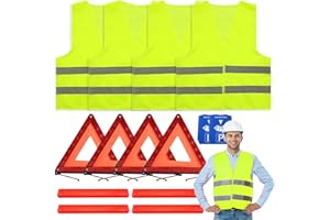 Hengrongshen 4 Pezzi Gilet Alta visibilità, 4 Pezzi Triangolo Auto e Un 2 Cartello Parcheggio, Giubbotto Catarifrangente Auto Kit per la Sicurezza Stradale
