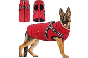 Woiil Dog Jacket Waterproof Large Dog Winter Clothes, Dog Clothes Xl with Harness and Zipper Design for Easy On and Off Wear, Dog Coats for Golden Retriever,Labrador and German Shepherds(XL,Red)