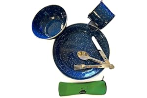 ECOPOWER SPORTS Mess kit, 1 Person Camping & Picnic Tableware Dining Set, Blue 350ml Mug/24 CM Plate/15CM Bowl/Stainless Steel Cutlery Knife with Bottle Opener, Fork, Spoon and Hygienic Pouch. 7PCS