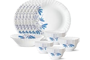 Larah by Borosil Twilight Silk Series Opalware Dinner Set | 19 Pieces for Family of 6 | Microwave & Dishwasher Safe | Bone-As