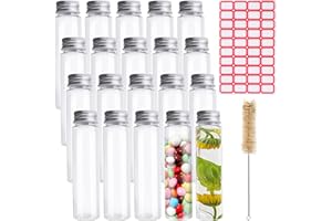 NAEBRO 20 PCS Tubes à Essai en Plastique, 80ml Bouteille Sensorielle Vide avec Étiquette, Bouchon à Vis et Brosse de Nettoyage, Transparent pour Fleurs Bonbons Épices Liquide Sels