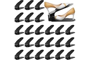 UCAMP Adjustable Shoe Racks, Pack of 24 Non-Slip Shoe Stackers, Double Layer Shoe Holder, Space-Saving, Non-Slip Plastic Shoe Organiser with 4 Height Adjustable Shoe Slots, Black