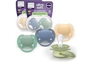 Philips Avent sucettes ultra-douces - Orthodontiques, pour bébés de 6 à 18 mois, collerette souple, téterelle symétrique en silicone, sans BPA, avec 2 étuis de stérilisation, lot de 4, SCF091/53