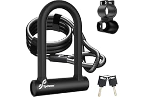 Sportneer Bike Lock: 17mm Heavy Duty Bike D Lock with 5Ft/1.2M High Security Steel Cable&Sturdy Mounting Bracket&Key Anti Theft Bicycle Locks for Road Bike, Electric Bike, Mountain Bike, Folding Bike