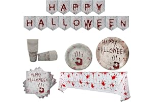 YAAVAAW Halloween Party Tableware Set 16 Guests,Halloween Disposable Dinnerware Set Tableware Decor - Plastic Tablecloth,Banner,Paper Plates Napkins and Cups for Halloween Party Supplies Tableware Decorations