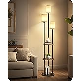 GOEBLESON Stehlampe Wohnzimmer mit Regal, 3-flammige Vintage Stehleuchte | Boho Vintage Standleuchte aus Holz mit Fußschalter