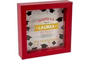 LINA OFFICINE GRAFICHE CREATIVE Salvadanaio Laurea in Legno, Cornice Rossa 16x16 cm, Regalo per Laureati con Fessura per Banconote