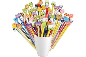 Annhao Conjunto de Lápices de Grafito y Madera Infantiles, con goma de borrar, 50 piezas animadas, Favores fiesta cumpleaños Material Escolar Navidad regalo (patrones y colores aleatorios)