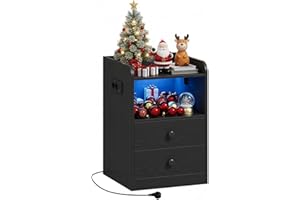 ‎IRONCK IRONCK Nachttisch mit Steckdose und LED, Beistelltisch mit 1 USB & 1 Typ-C Anschlusse, Nachtschrank 2 Schubladen&offene Fächer, Sofatisch für Wohnzimmer, Schlafzimmer, Arbeitszimmer, Schwarz