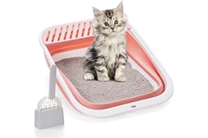 QYJINLIDA Open Top Cat Litter Box, Large Foldable Cat Potty Height-Adjustable Sides Anti-Splash, Open Air Kitty Litter Pan No Smell, Easy Clean with Scoop (Pink, M)