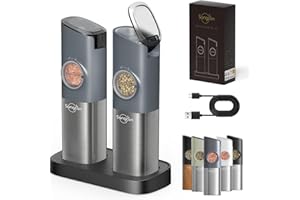 [AGGIORNAMENTO CON MAGGIORE CAPACITÀ] Sangcon Set Macina Sale e Pepe Elettrico Gravità con Base, Ricarica USB, Regolazione della Ruvidità, Coperchi Antipolvere Automatici, Luce LED, Blu-Grigio