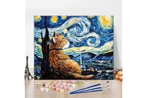 TISHIRON Cat DIY Paint by Numbers Kit for Adults, Cat Under the Stars Canvas Painting by Numbers, Starry Moon Town Animals Oil Painting Acrylic Painting Arts and Craft for Home Decor, 16x20 Inch Frameless