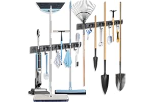 AIRMINTI Accroche Balai Mural, Porte Balais Mural 2 Pièces avec 5 Emplacements et 4 Crochets, Support Balais Mural Amovible Acier Inoxydable, Porte Balais Mural sans Percage Pour Jardin (2, Gris)