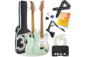 3rd Avenue Stateside Kit definitivo de guitarra eléctrica 4/4 de tamaño completo de con amplificador de 5 W, cable, soporte, funda acolchada, correa, púas, LECCIONES GRATUITAS - Liberty Green