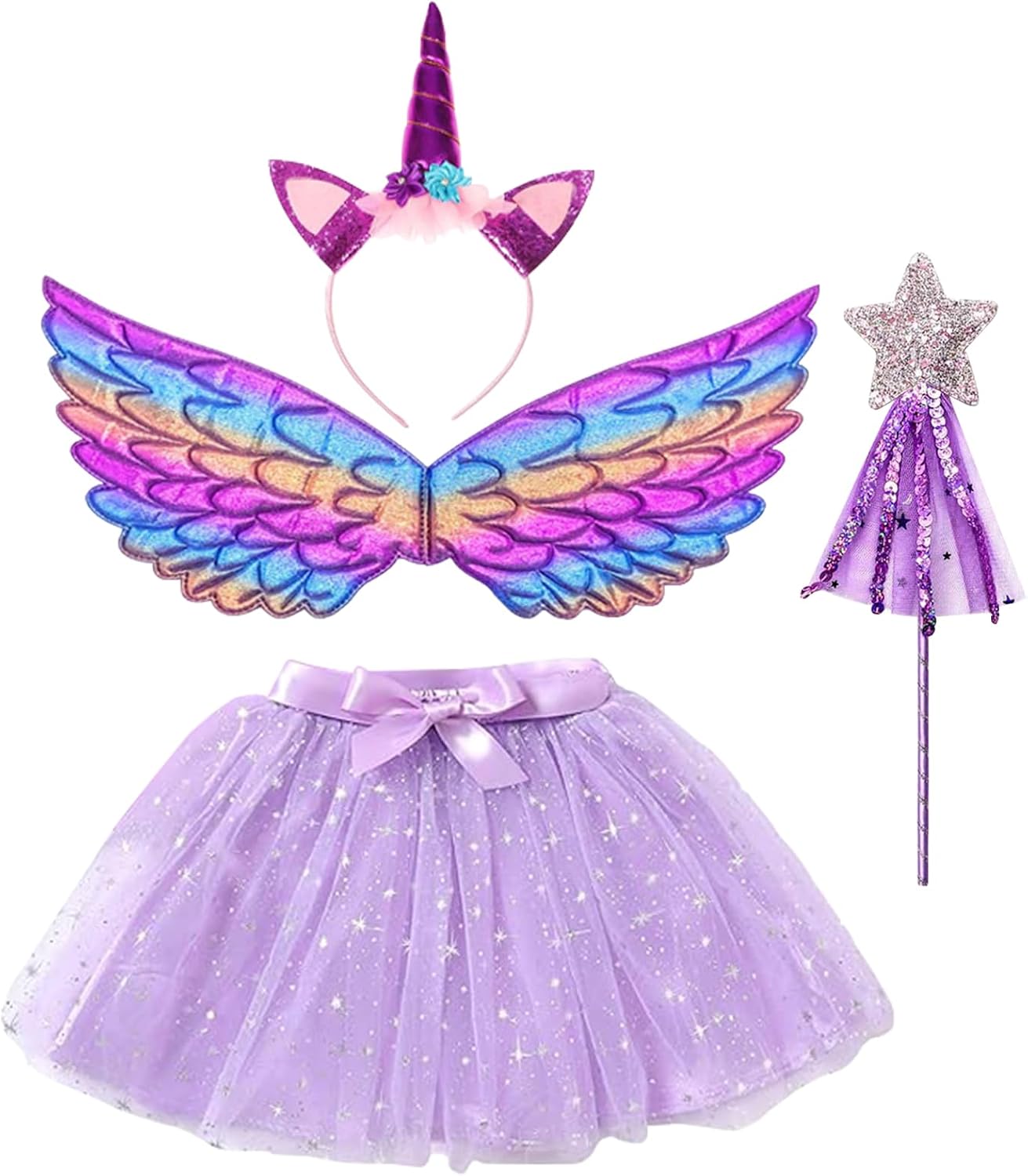AQXONG 4 Pcs Disfraz Unicornio Niña, Conjunto de Cosplay de Unicornio, Disfraces de Fiesta de Unicornio, Faldas de Niña para Niñas de 3 a 8 Años