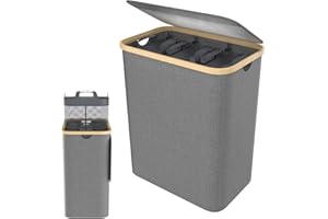 XINZI Cesto portabiancheria con coperchio, pieghevole, 3 scomparti, con sacchetto rimovibile, per lavanderia, camera da letto, 140 l (grigio)