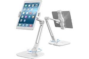 AboveTEK Long Arm Aluminum Tablet Stand, Folding Stand with 360° Swivel Phone Clamp Mount Holder, Fits 4-11" Display Tablet for Kitchen Table Bedside Office Desk POS Kiosk Reception (11.43-19.05 CM)