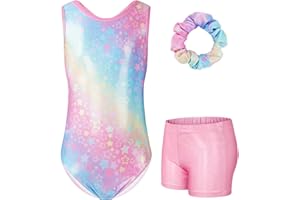 JiAmy Gymnastics Leotards for Girls with Shorts Set, 3Pcs Kids Gymnastics Athletic Outfit, Sleeveless Ballet Dancewear for Kids 3-12 Years