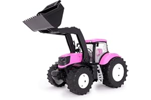 Toyland® 39cm (15") Pink Tractor With Opening Doors & Lifting Front End Loader - 1:16 Scale - Toy Farming Vehicles