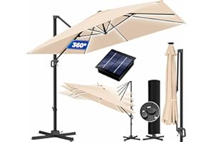 KESSER® Sonnenschirm LED Solar Ampelschirm SUN XL 300 x 300 cm Inkl. Abdeckung +Windsicherung Drehbar Neigbar Kippbar Marktschirm Groß 360° Rotation, Gartenschirm mit Kurbel Sonnenschutz, Beige