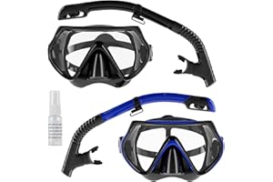 FULYBAO Snorkel Set Adults, Scuba Snorkelling Packages with 180° Panoramic Anti-Fog Tempered Glass Snorkel Mask, Leak Proof Dry Top Snorkel for Snorkeling Diving Swimming with Anti Fog Spray