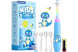 REDISEN Cepillo de Dientes Eléctrico para Niños de 360°, Cepillo Dientes Bebe con Luz LED, 4 Cabezales (1 x 360°) y 1 Pila AAA, Temporizador Inteligente, Impermeable IPX7, Apto para Niños 1-5 Años (Azul)