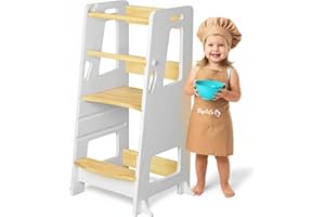BEY&CO BEY & CO® Torre di Apprendimento/Osservazione in Legno – Learning Tower per Bambini – 3 Altezze Regolabili, Superficie Antiscivolo e Piedini Antiribaltamento - Metodo Montessori (Bianco)