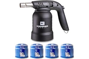 KEMPER - Lampe à souder à gaz Professionnelle Utilisation 360° Chalumeau Gaz Allumage piezo 4 Cartouches gaz Perçables