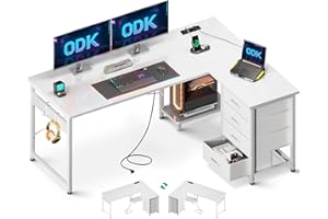 ODK Biurko narożne z szufladami, biurko w kształcie litery L z gniazdkami elektrycznymi i portem ładowania USB, odwracalne biurko z miejscem do przechowywania do domowego biura, białe, 135×100 cm