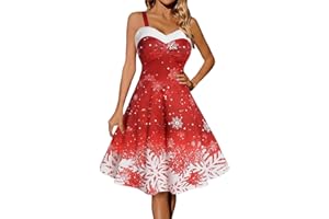 WVONIF Robe Noël Femme Chic Sexy Col en V Froncé Robe Moche Noel Flocon de Neige Imprimé Robes de Soirée Rockabilly Vintage Années 50 san Manches Bretelles Spaghetti Christmas Dress Déguisement Noel