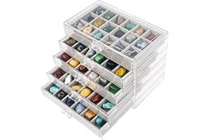 Dmnnlp Rock Display Case, 5 Drawers 90 Grids Acrylic Rock Collection Box, Storage Cases for Small Rocks Gemstone Fossil Crystal Stone Jewellery Collectibles (Grey)
