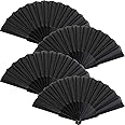 4 Pieces Handheld Folding Fan Chinese Fan Oriental Cloth Fabric Fan for Dancing, Party, Wedding Gifts, DIY Decoration, Home Decorations (Black)