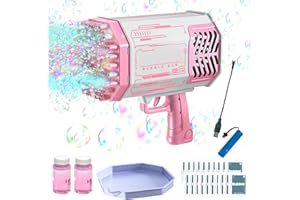 HIRSRIAN Bubble Machine Outdoor, 69 Holes Rocket Bubble Gun for Wedding Party, Electric Bath Bubble Machine with Led Lights, Bubble Machine Blaster for Kids Birthday Gift, Bubble Makers Gun Summer Toy (Pink)
