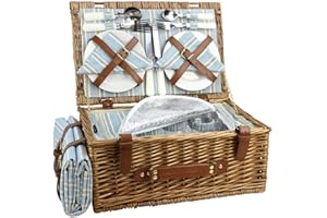 HAPPYPICNIC Cestino da picnic in vimini per 4 persone, grande cesto in salice con grande scomparto termico, completo di coperta impermeabile e kit di servizio posate classico marrone