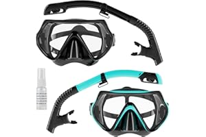 FULYBAO Snorkel Set Adults, Scuba Snorkelling Packages with 180° Panoramic Anti-Fog Tempered Glass Snorkel Mask, Leak Proof Dry Top Snorkel for Snorkeling Diving Swimming with Anti Fog Spray