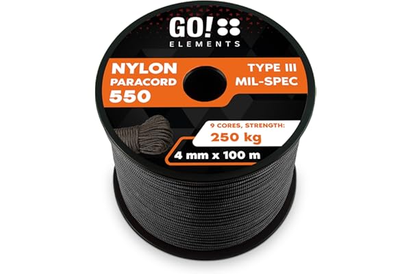 GO!elements Paracorde en Ficelle Nylon - 4mm Paracorde 550 Typ III Corde - approprié en Fil de Peche Nylon, Filet éthologique, etc. | Max. 250kg