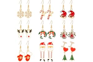 HOWAF 9 Pairs Novelty Christmas Earrings for Women Girls, Xmas Drop Dangle Earrings for Christmas Jewellery Gifts, Snowflake Reindeer Gloves Christmas Tree Bell Wreath Cane Santa Hat Drop Earring
