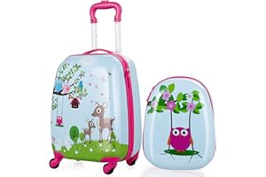 Maxmass 2PCS Kids Luggage Set, Kids Hard Shell Trolley Case with 4 Universal Wheels, Children Backpack and Suitcase for Boys Girls Travel School (Owl+Deer, 12"+16")