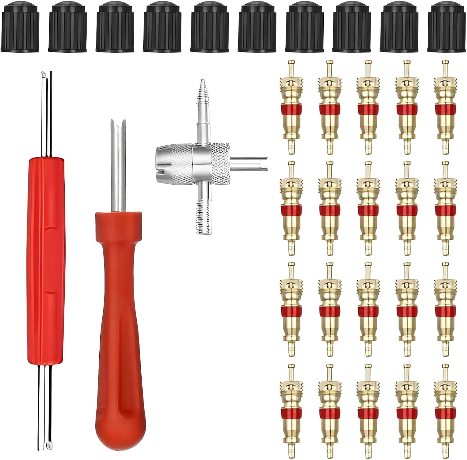 Herramientas Coche 33 Piezas Kit Reparación Neumáticos Auto, Extractor de válvulas 4 en 1, Bi Monocéfalo Extractor Válvulas, 20 Insertos de válvula 10 Gorras para Mantenimiento Camión Bici Moto