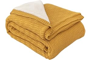‎MH MYLUNE HOME MYLUNE Home Sherpa Decke Baumwolle Strickdecke Öko-Tex 180x200cm 660GSM Dicke Kuscheldecke Flauschig Sofadecke Wohndecke Tagesdecke Bettüberwurf Warme Gehäkelte Decke Herbst Winter Blanket Senfgelb