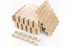 Tebery 16 Pieces Printed Wood Grain Floor Tiles 3/8-Inch Thick EVA Foam Puzzle Floor Mat (White Wood)