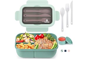 SINNSALLY Bento Lunch Box,1250ml Boite Lunchbox Enfant Adulte Boite à Bento,Boîte à Lunch avec 3 Compartiments,Boîte à Déjeuner,Boite Picnic pour Salades,Anti-Fuite Boite Repas avec Accessoires/Couverts(Vert)