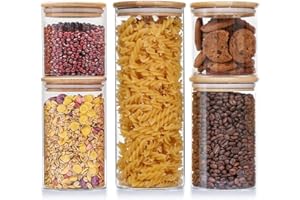 JUVEL 5 Barattoli di Vetro con Coperchio Barattoli Vetro con Coperchio Ermetico di Legno bambù e Rondella in Silicone, Contenitori Alimenti Borosilicato Adatto per Spezie, Caramelle, Caffè