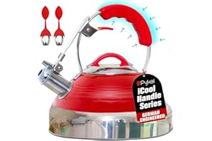 Pykal Bollitore per Acqua che Fischia Retro Colore Rosso - 2.6L - Teiera con Maniglia iCool in Acciaio Inossidabile - Bollitori per Fornelli a Metano o Induzione