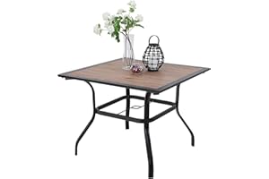 PHIVILLA Garden Table 94 * 94cm Outdoor Dining Table with Wood-like Tabletop Steel Frame and Parasol Hole Square Patio Table Maintenance Free (Brown)